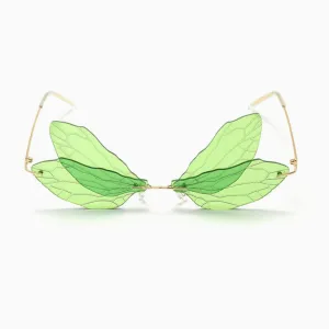 Iconic Look Colored Dragonfly Wings Rimless Sunglasses - Green