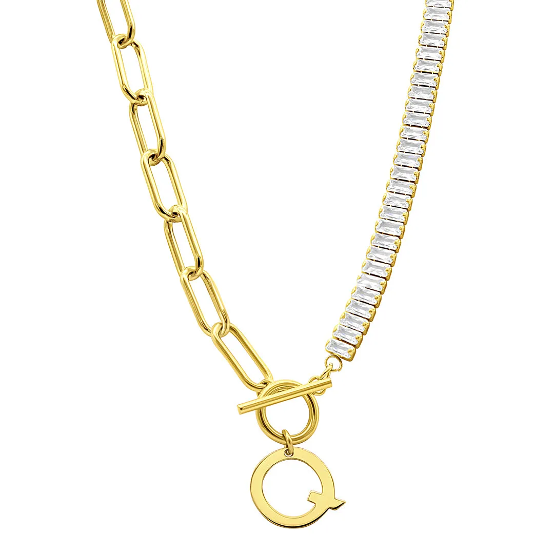 14k Gold Plated Half Crystal And Half Paperclip Initial Toggle Necklace