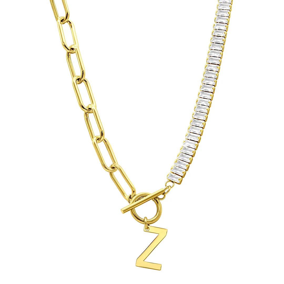 14k Gold Plated Half Crystal And Half Paperclip Initial Toggle Necklace