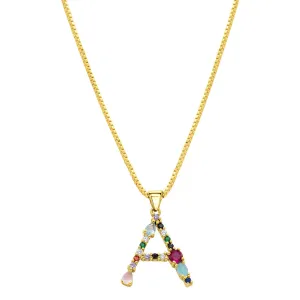 14K Gold Plated Multi Color Stone Initial Necklace