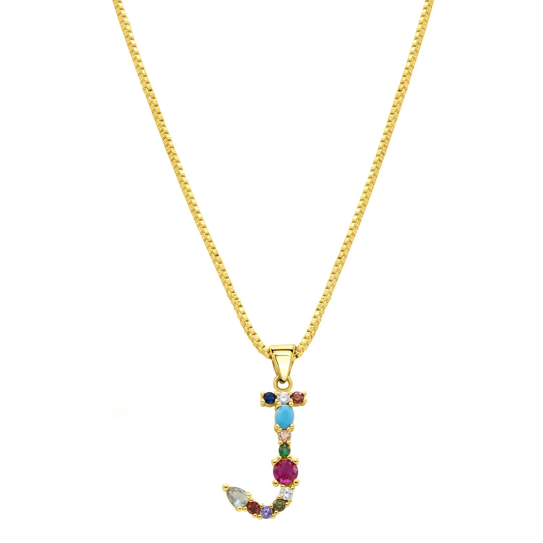 14K Gold Plated Multi Color Stone Initial Necklace