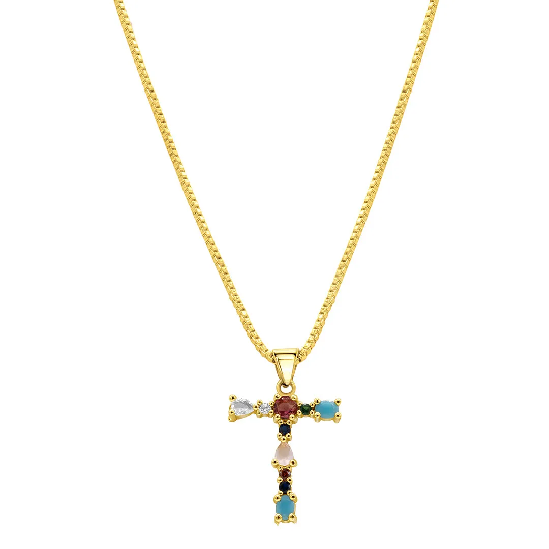 14K Gold Plated Multi Color Stone Initial Necklace