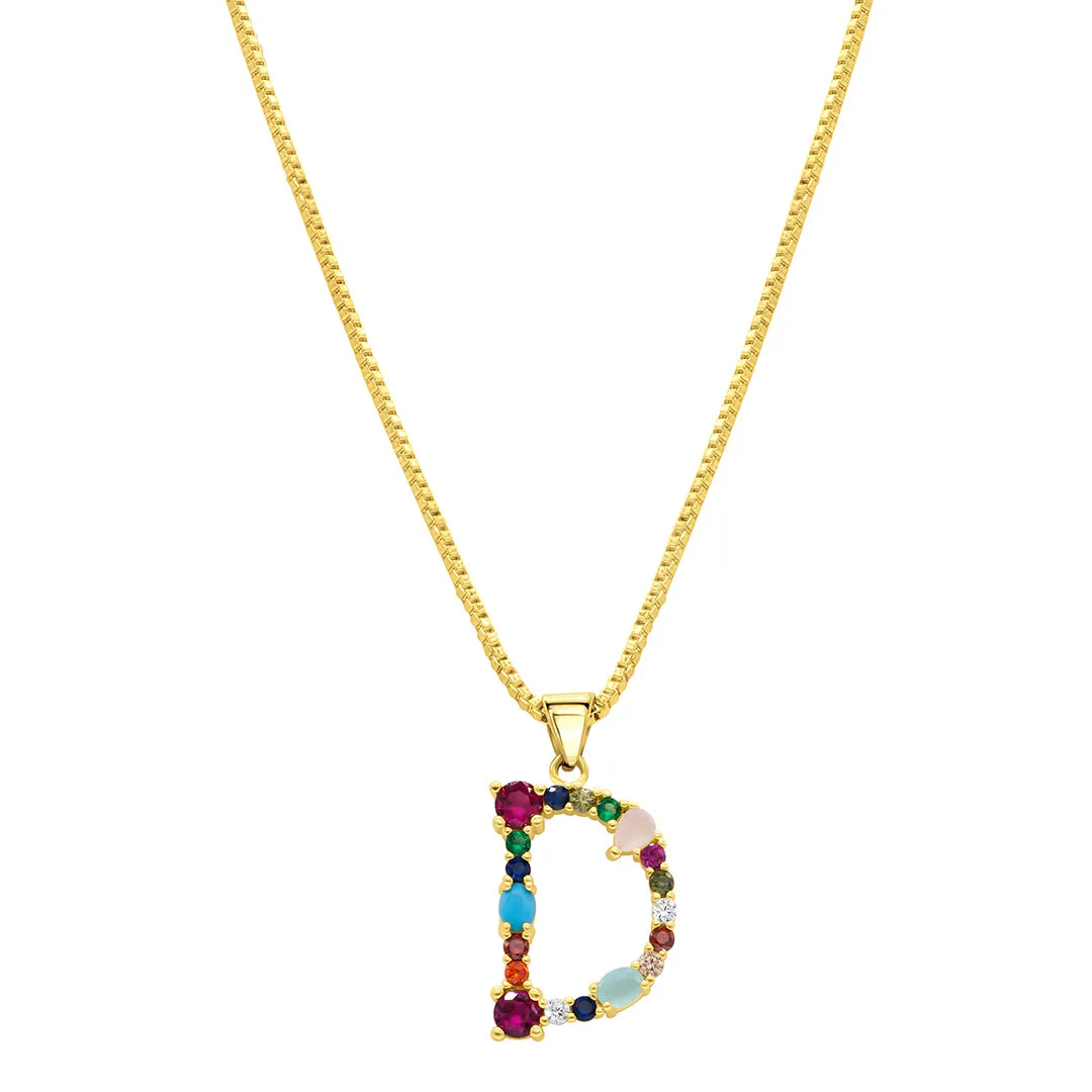 14K Gold Plated Multi Color Stone Initial Necklace