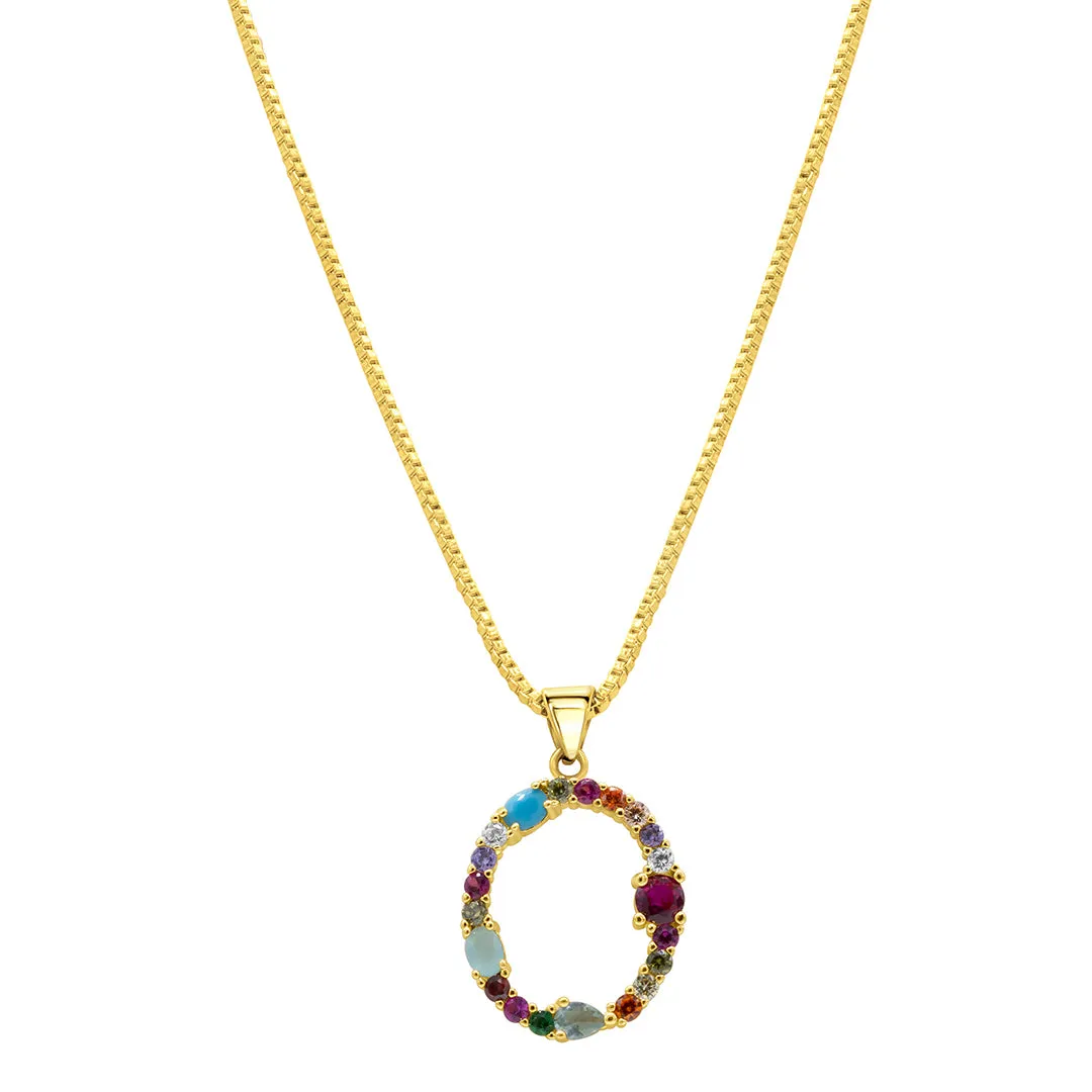 14K Gold Plated Multi Color Stone Initial Necklace