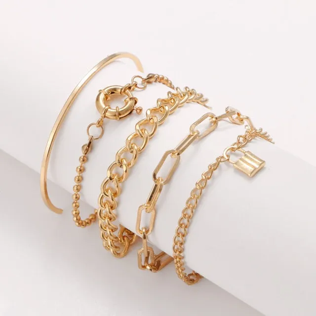 4Pcs Punk Heavy Metal Big Thick Chain Bracelet Set Women Retro Geometric Metal Twist Chain Bangles Bracelet Fashion Jewelry