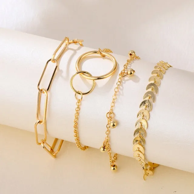 4Pcs Punk Heavy Metal Big Thick Chain Bracelet Set Women Retro Geometric Metal Twist Chain Bangles Bracelet Fashion Jewelry