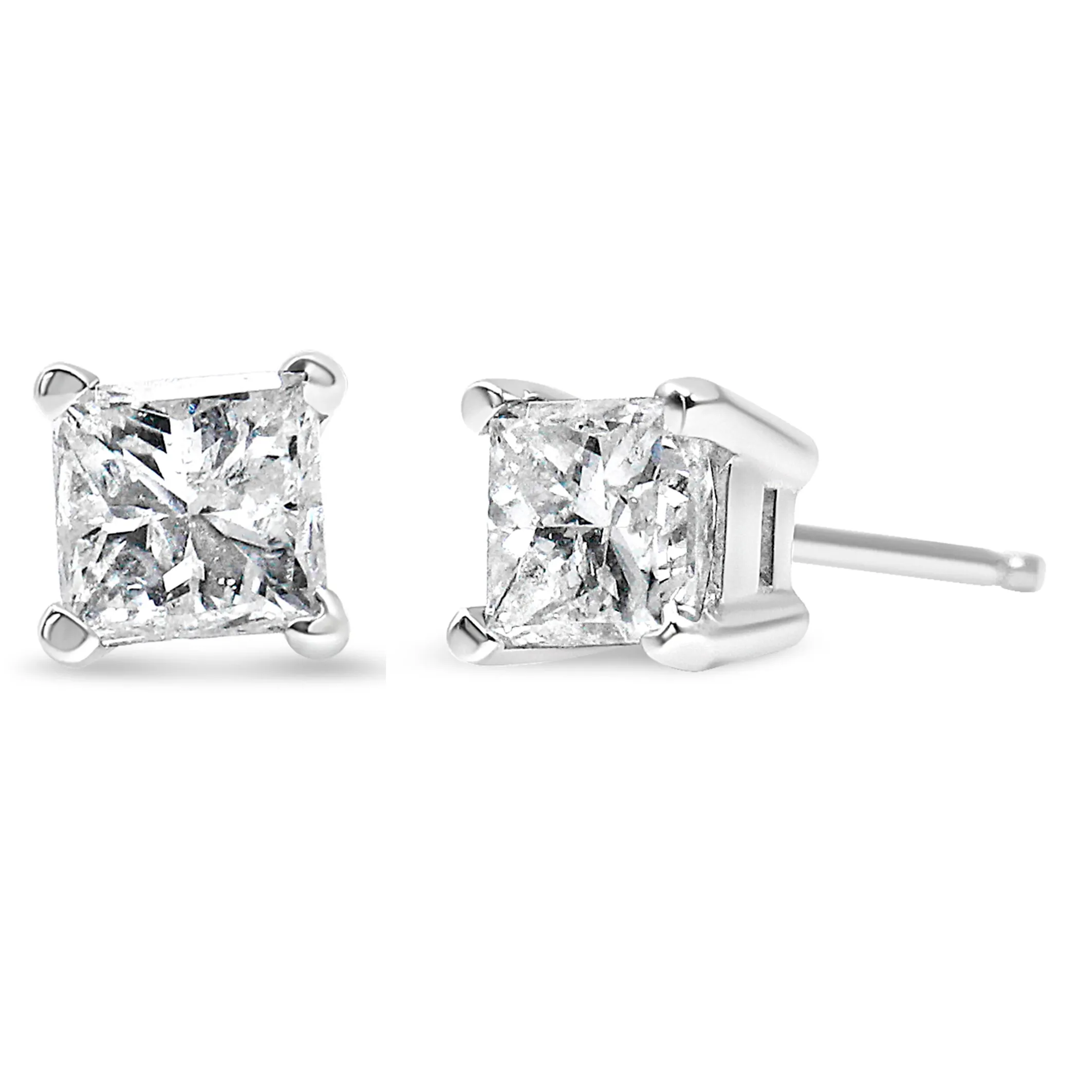 AGS Certified 14K Gold 4-Prong Set Princess-Cut Solitaire Diamond Push Back Stud Earrings (H-I Color, SI2-I1 Clarity)