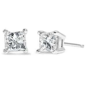 AGS Certified 14K Gold 4-Prong Set Princess-Cut Solitaire Diamond Push Back Stud Earrings (H-I Color, SI2-I1 Clarity)