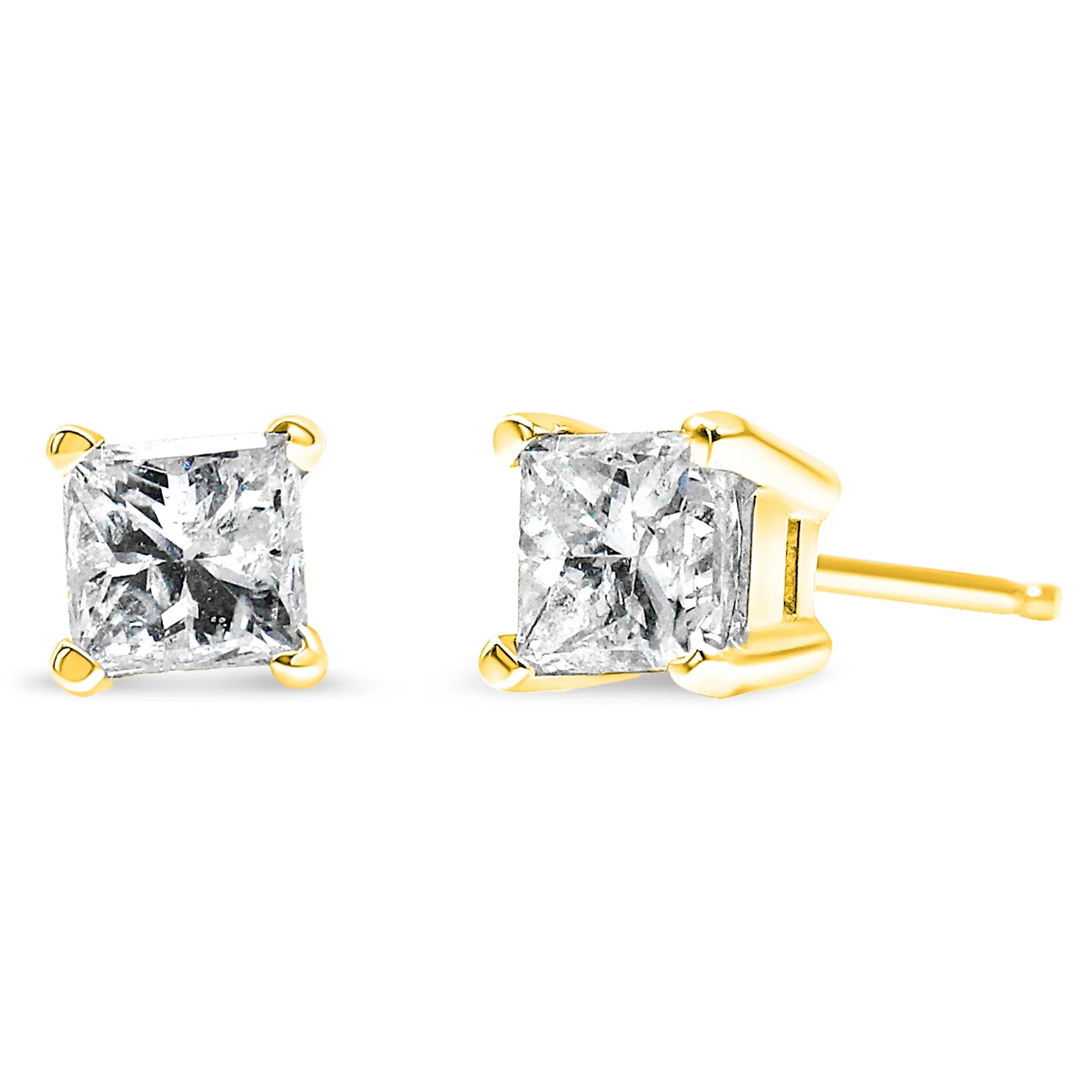 AGS Certified Princess Cut Diamond 14K Gold 4-Prong Solitaire Square Stud Earrings (L-M Color, I1-I2 Clarity)