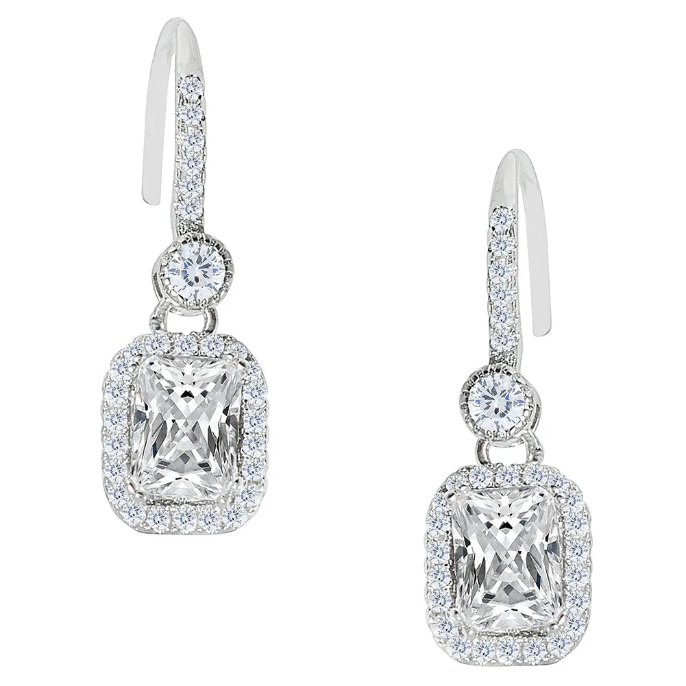 Athena 18k White Gold Plated Halo Drop Earrings with Dangling CZ Crystals