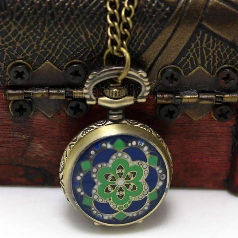 Blue and Green Flower Vintage Style Mini Pocket Watch Necklace