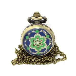 Blue and Green Flower Vintage Style Mini Pocket Watch Necklace