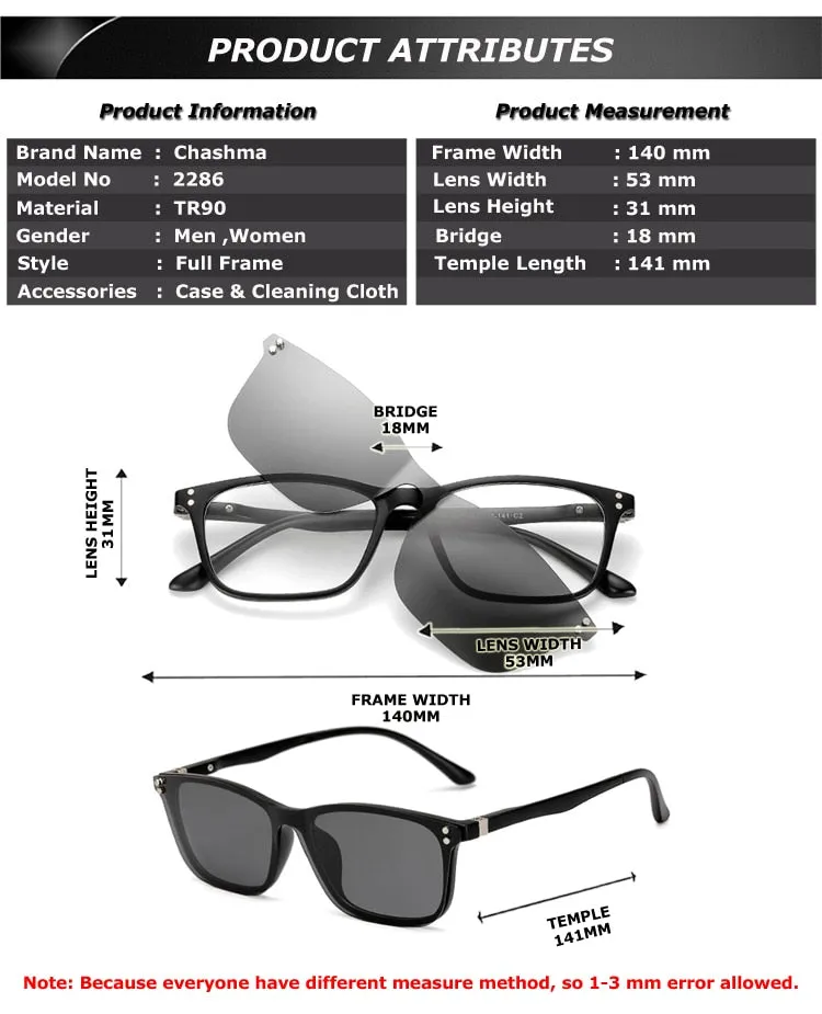 Chashma Unisex Full Rim Square Tr 90 Titanium Eyeglasses With Polarized Clip On Sunglasses 2286