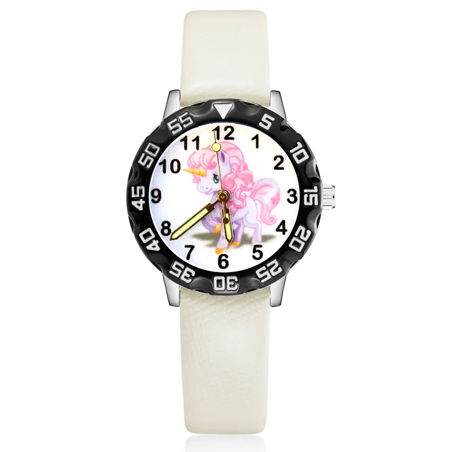 Children's Cute Cartoon Horse Unicorn Style Student Boy Girl Leather Strap Quartz Wrist Watches