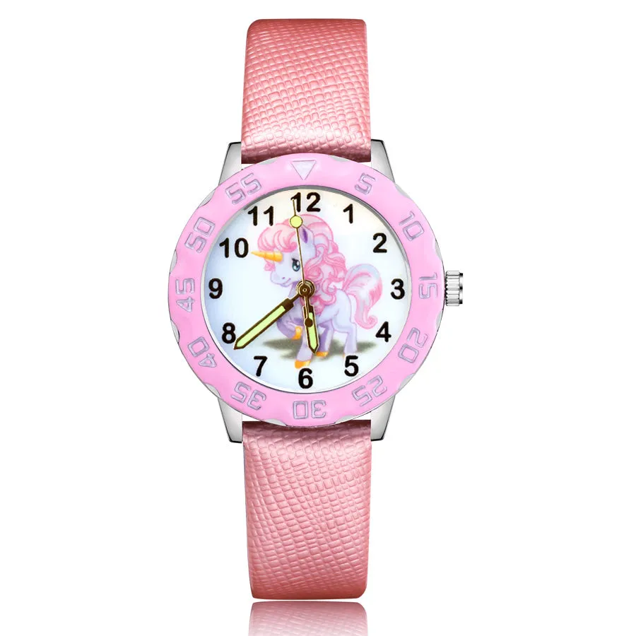 Children's Cute Cartoon Horse Unicorn Style Student Boy Girl Leather Strap Quartz Wrist Watches