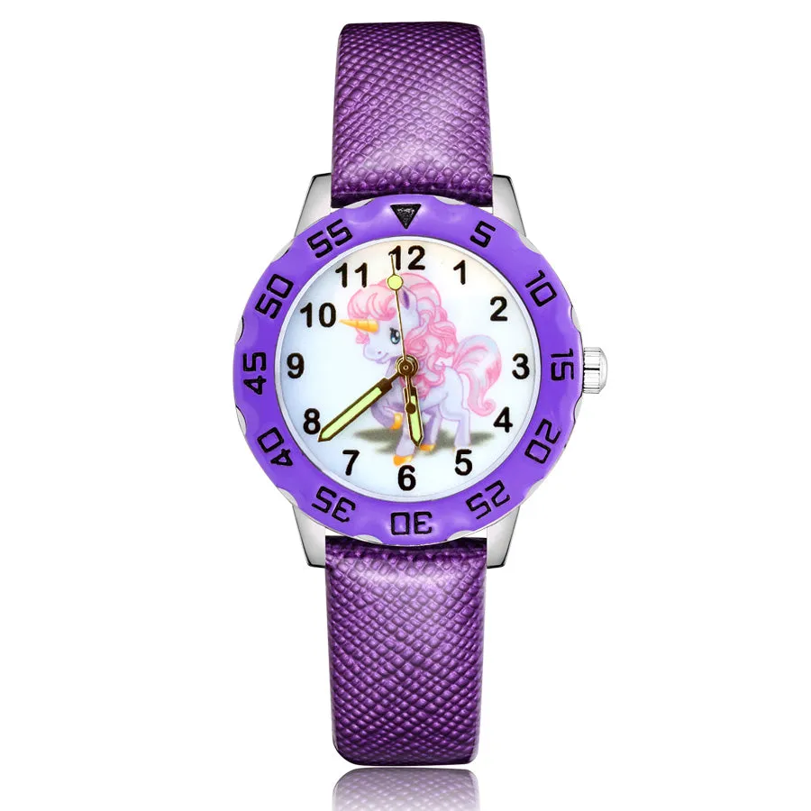 Children's Cute Cartoon Horse Unicorn Style Student Boy Girl Leather Strap Quartz Wrist Watches