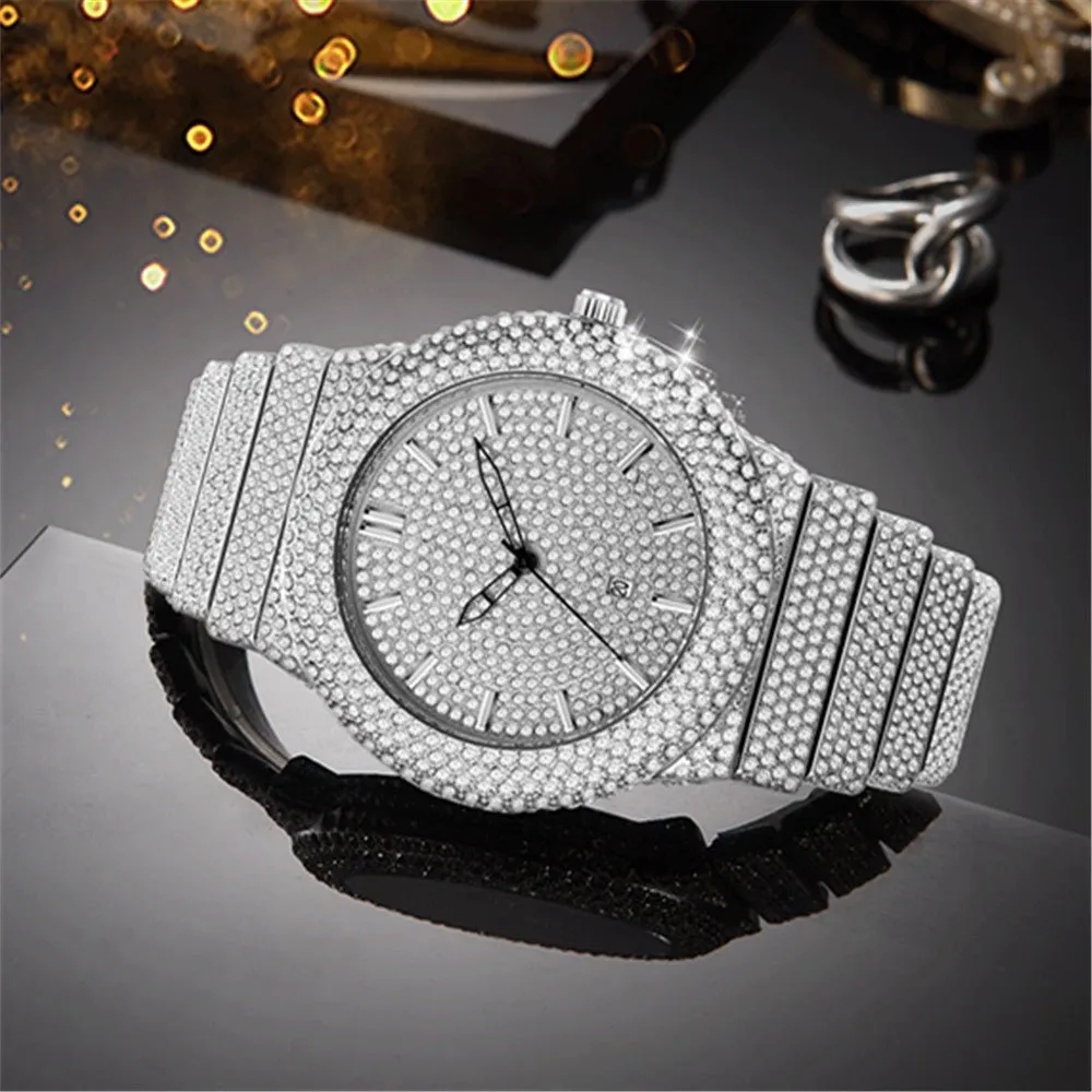 Diamond-Embedded Quartz Calendar Watch