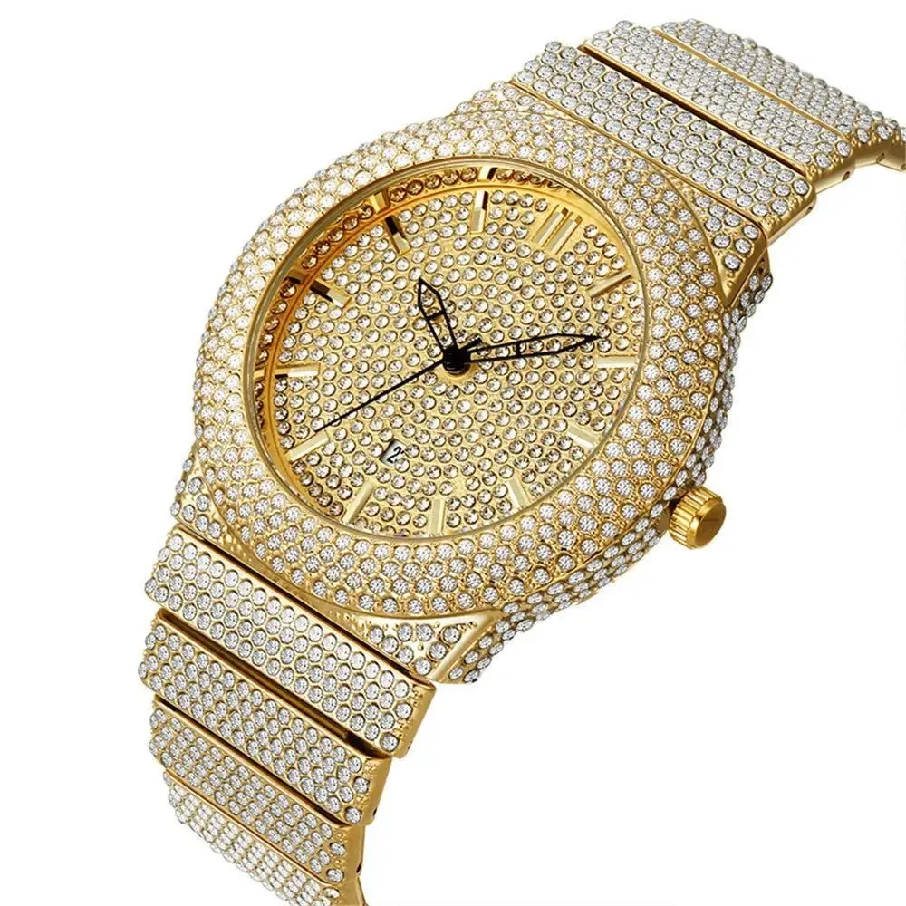 Diamond-Embedded Quartz Calendar Watch