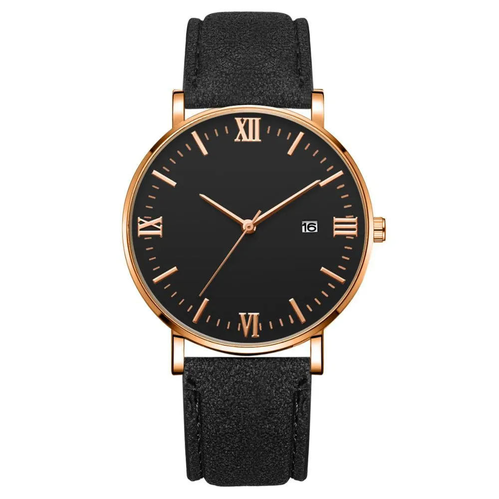 Flavio Classic Elegant Watch with Black Dial and Leather Belt