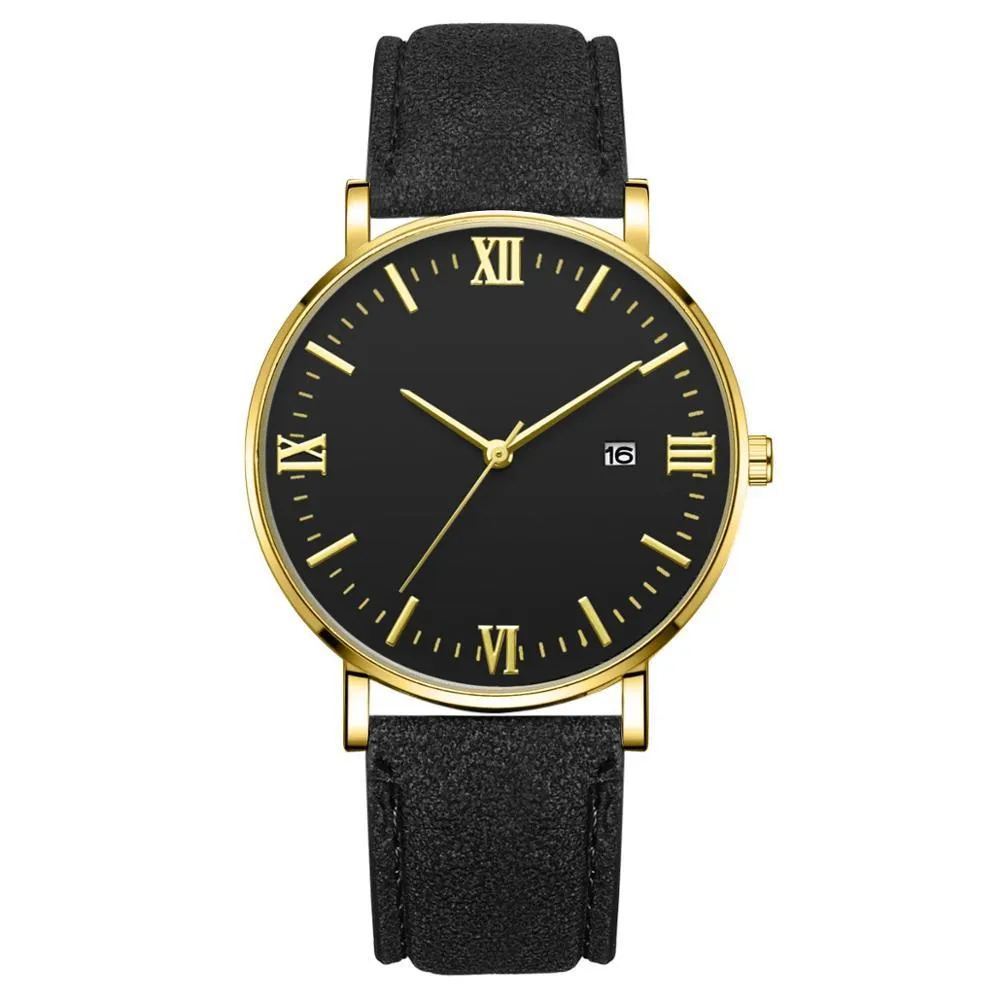 Flavio Classic Elegant Watch with Black Dial and Leather Belt