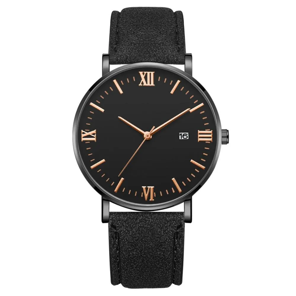 Flavio Classic Elegant Watch with Black Dial and Leather Belt