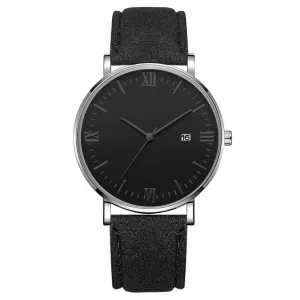 Flavio Classic Elegant Watch with Black Dial and Leather Belt