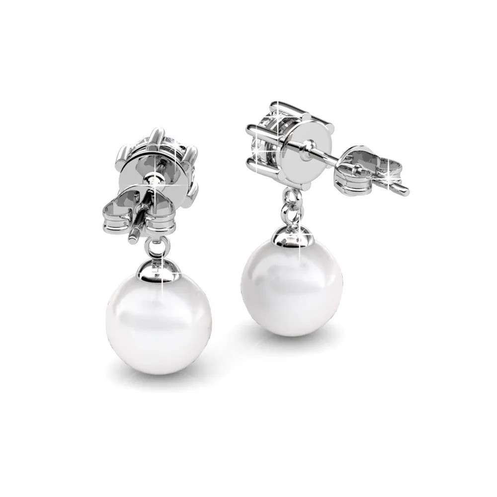 June "Radiant" 18k White Gold Pearl Drop Earrings with Swarovski Crystals