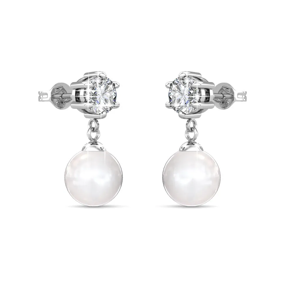 June "Radiant" 18k White Gold Pearl Drop Earrings with Swarovski Crystals