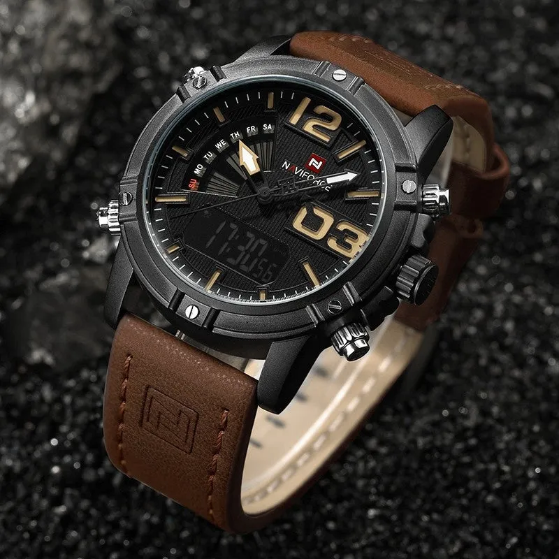 Men’s Leather Military Style Waterproof Watch