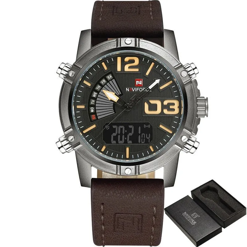 Men’s Leather Military Style Waterproof Watch