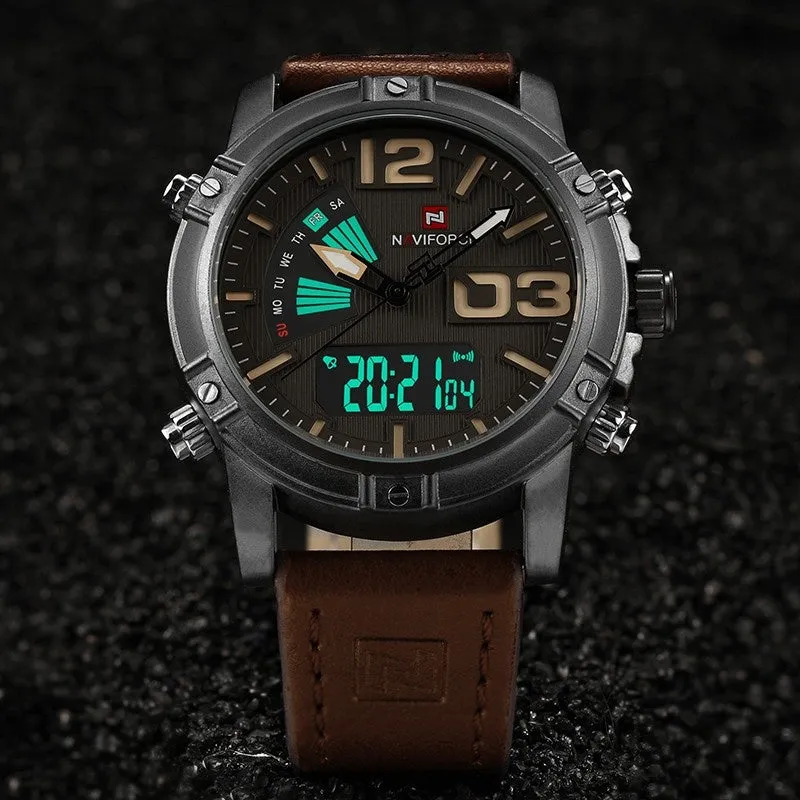 Men’s Leather Military Style Waterproof Watch