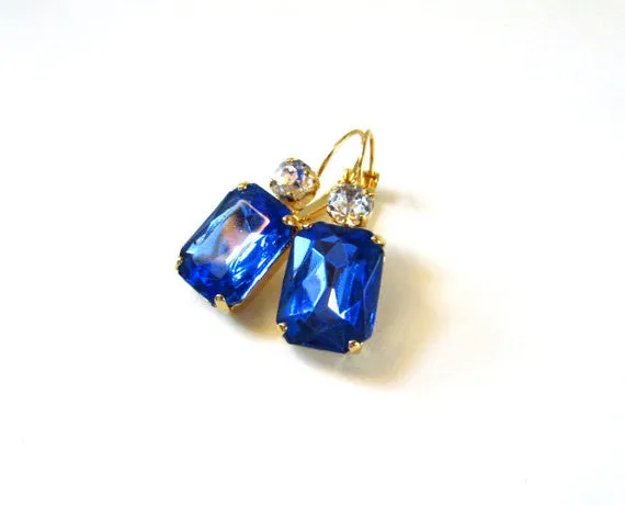 Royal Blue Crystal Earrings - Large Octagon 2 stone