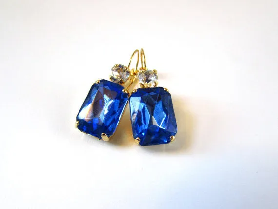 Royal Blue Crystal Earrings - Large Octagon 2 stone