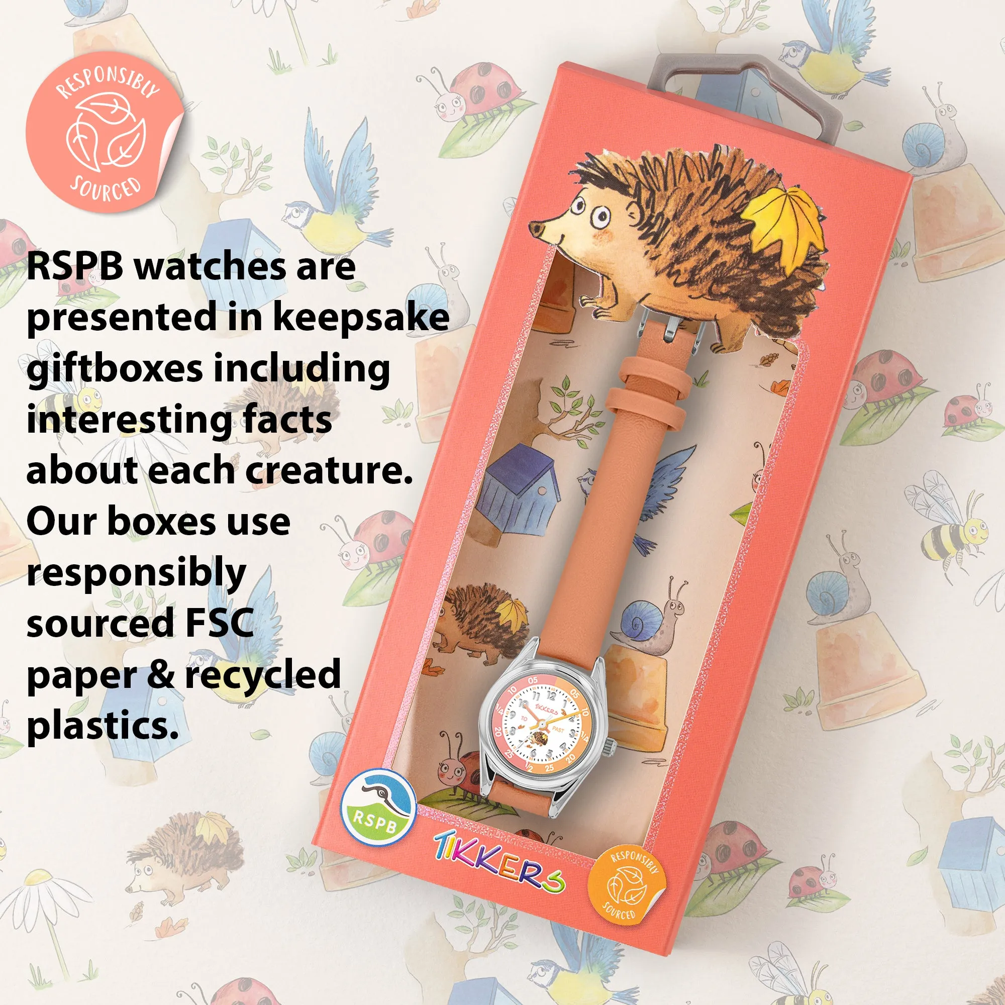 RSPB x Tikkers Hedgehog Coral Strap Kids Time Teacher Watch