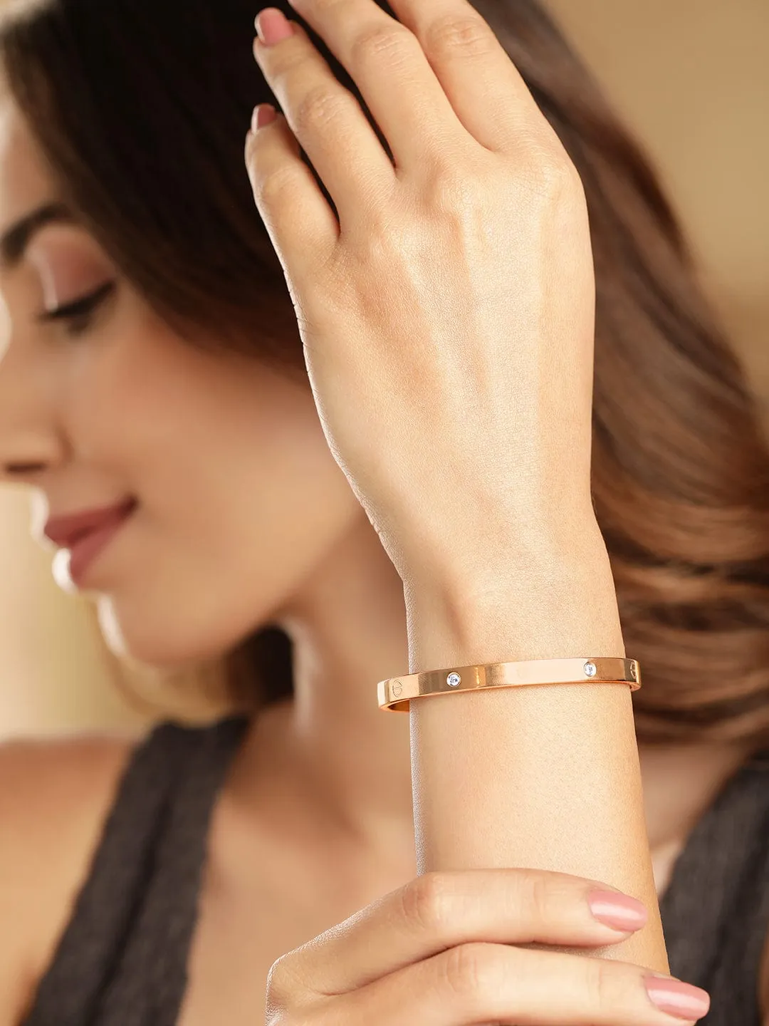 Rubans Voguish Rose Gold Plated Stainless Steel Zirconia Studded Tarnish-Free Demi-Fine Openable Bangle Style Bracelet