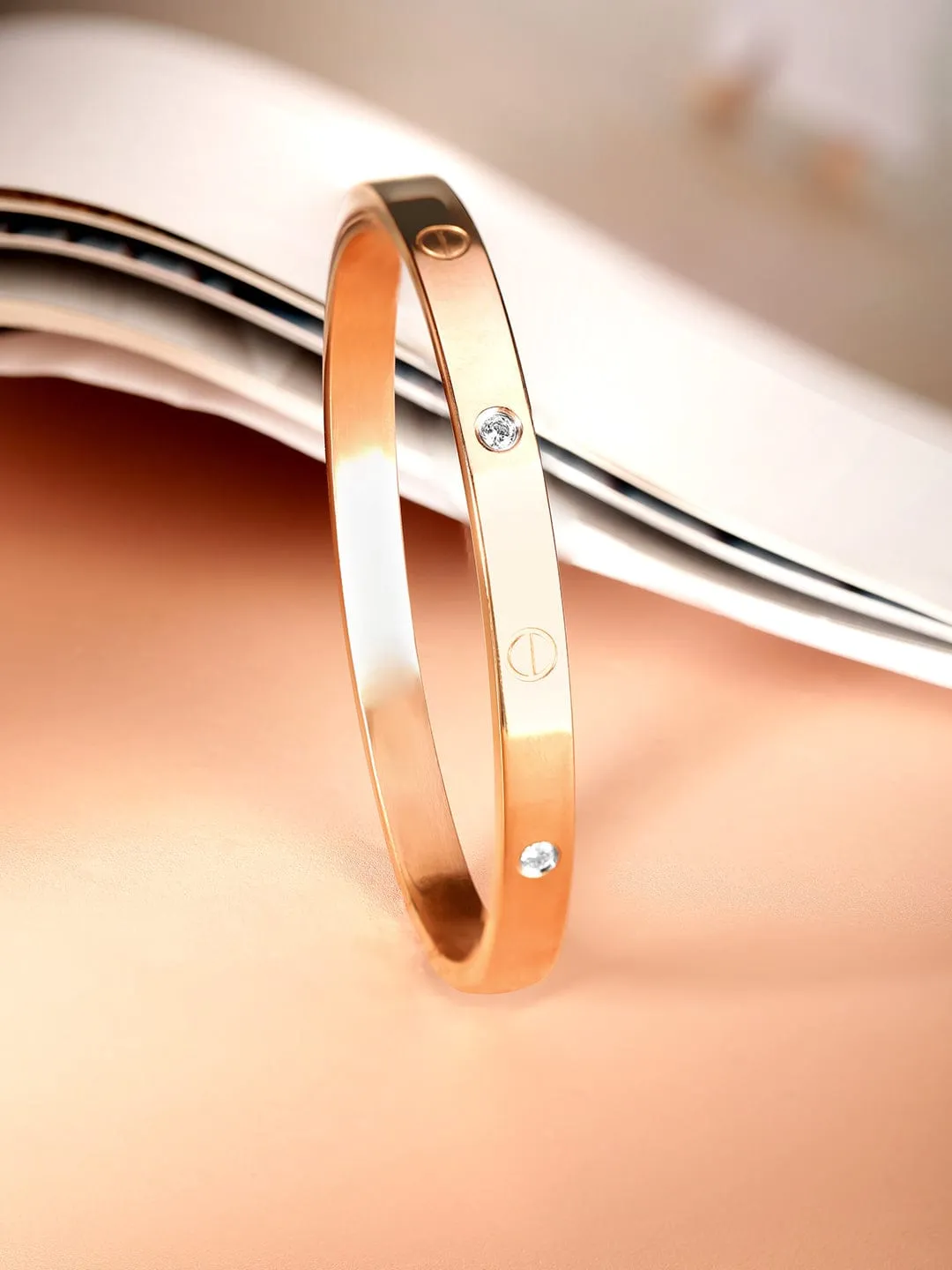 Rubans Voguish Rose Gold Plated Stainless Steel Zirconia Studded Tarnish-Free Demi-Fine Openable Bangle Style Bracelet