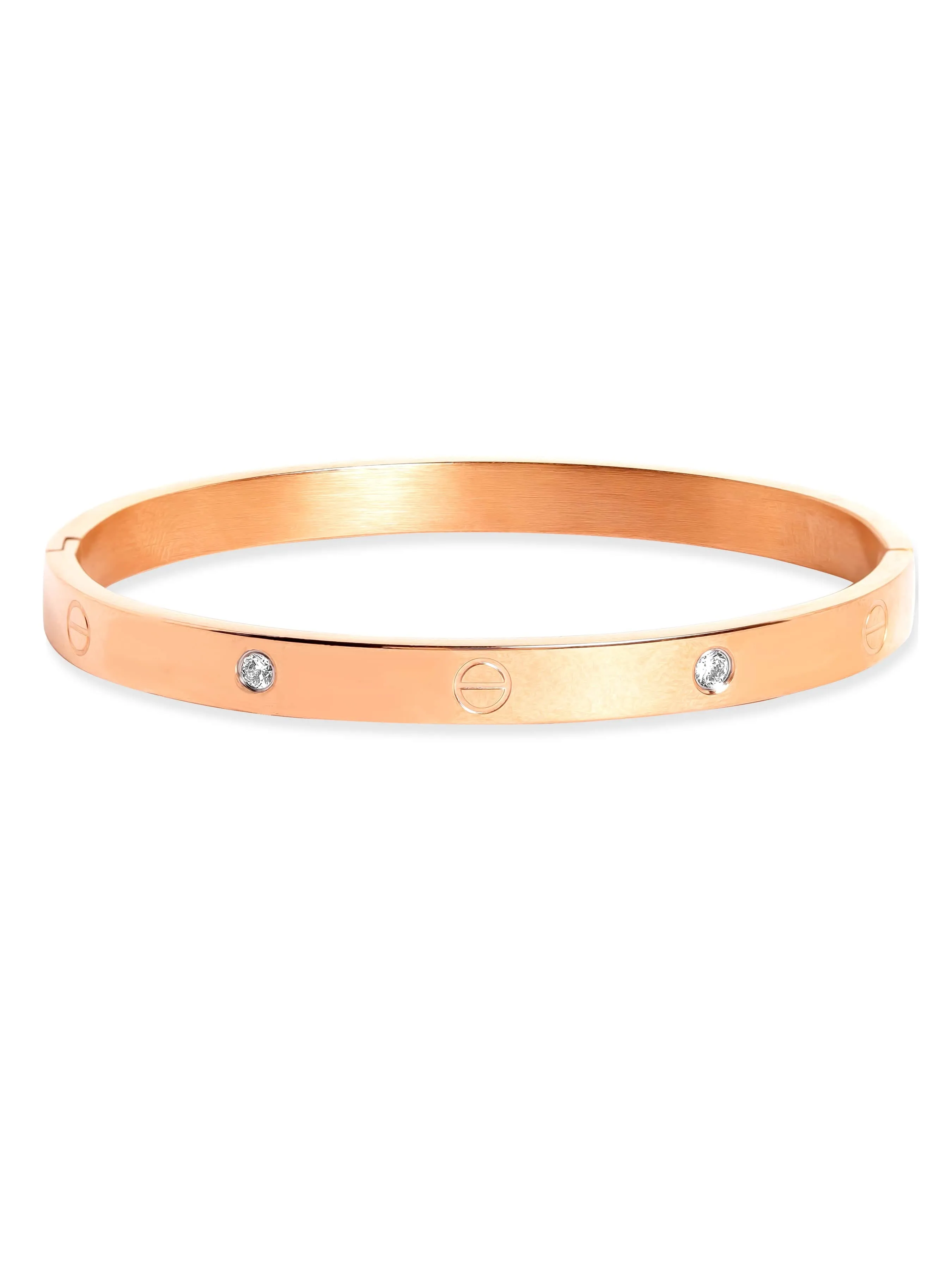 Rubans Voguish Rose Gold Plated Stainless Steel Zirconia Studded Tarnish-Free Demi-Fine Openable Bangle Style Bracelet