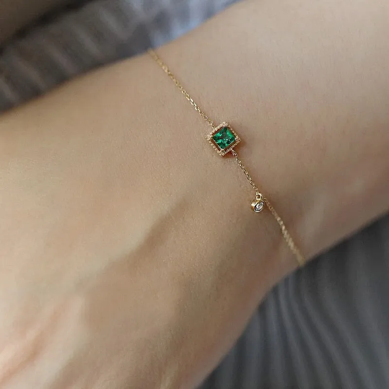 Simple Emerald Crystal Silver Chain Bracelet