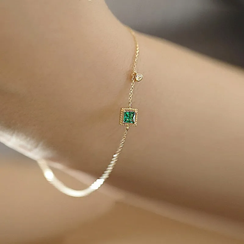 Simple Emerald Crystal Silver Chain Bracelet