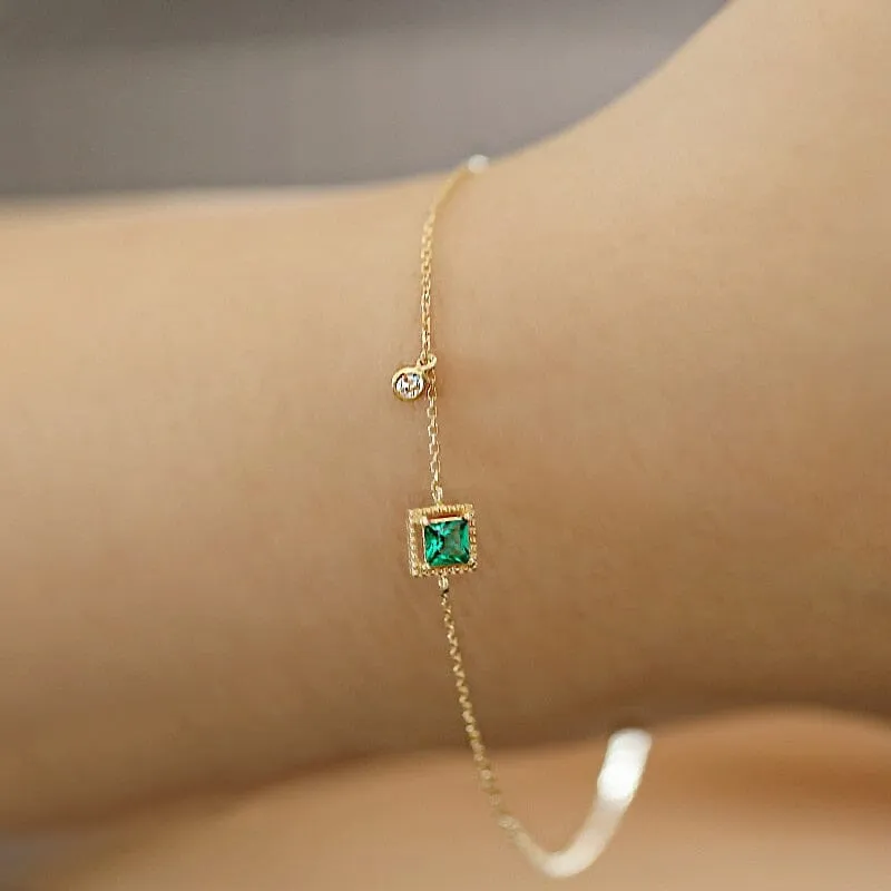 Simple Emerald Crystal Silver Chain Bracelet